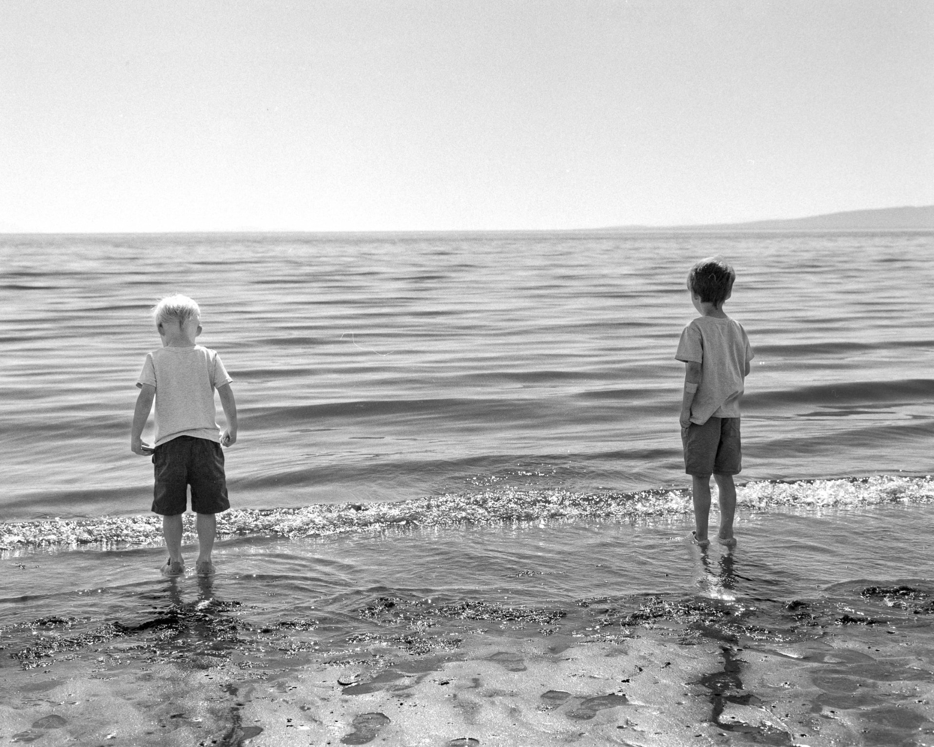 Two boys standing in shallow water at the shoreline looking out to sea